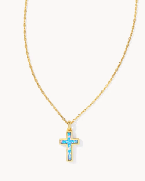 Cross Gold Pendant Necklace in White Lab Grown Opal