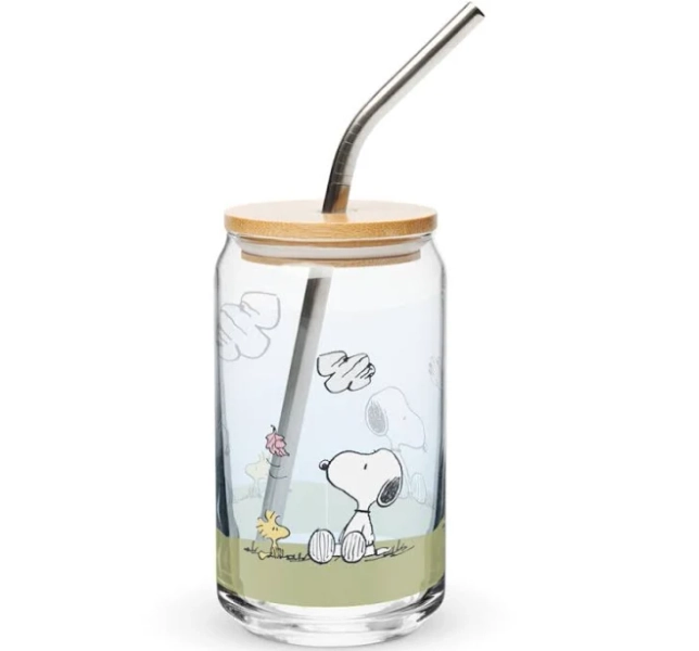 Peanuts Woodstock And Snoopy Sequence Can Shaped Glass with Lid and Straw