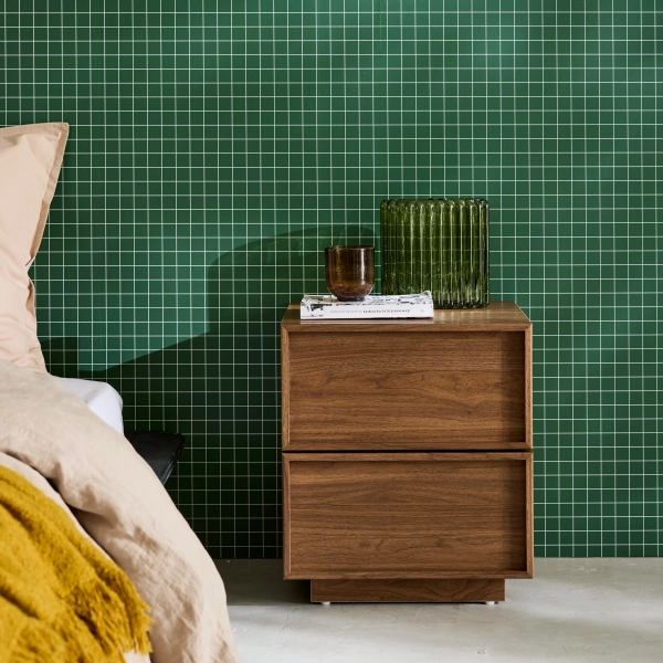 Wood effect bedside table with 2 walnut drawers L 42 x D 38 x H 48cm - Kuba