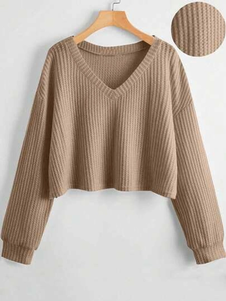 Lunelith SHEIN Lunessa Women's Solid Color V-Neck Dropped Shoulder Long Sleeve Loose Casual T-Shirt