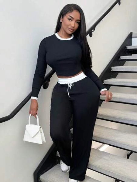 Alexandranx 2pcs Women's Fall Contrast Trim Fitted Long Sleeve Top And Pants Set