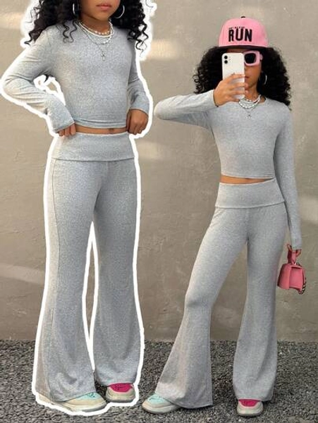 Coolane Kids Tween Girls Fall /Winter,Streetwear ,Basic Warm/ Cold Weather/ Thermal 2pcs ,Stretchy Comfortable Casual Solid Color Fitted Top And Stretchy Cute Flared Pants Set,   Bell Bottoms  2 Piece Set ,Christmas,New Year