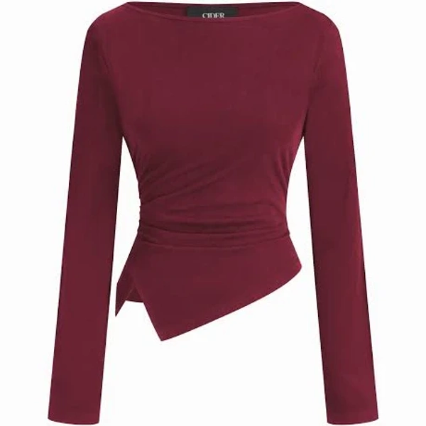 CIDER Women's Daily Casual Knit Cotton-blend Boat Neck Long Sleeve Tee Ruched and Asymmetrical Hem