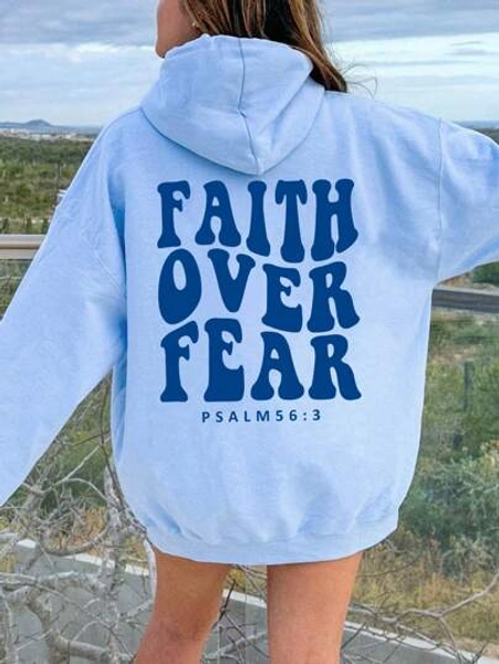 INAWLY Women's Hooded Sweatshirt With Slogan Print And Kangaroo Pocket FAITH OVER FEAR PSALM 563,Long Sleeve Tops