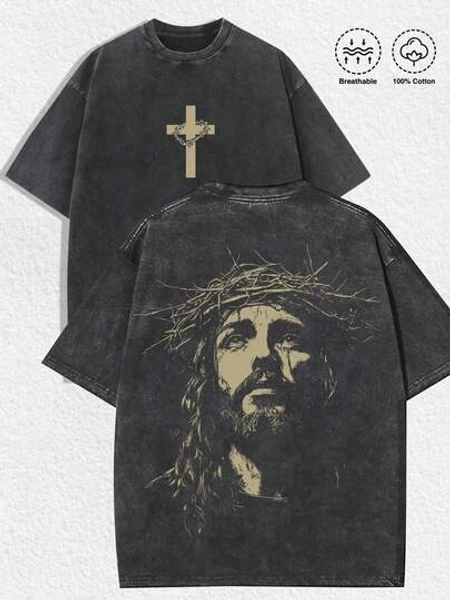 1 PCS Religious "Jesus With Crown Of Thorns" Graphic Tee: Featuring Distressed Vintage Finish, Front Cross Print Adorned With Crown Of Thorns, Back Artistic Portrait Of Jesus Wearing Crown Of Thorns, Crafted From Breathable 100% Cotton, Perfect For Infusing Spiritual & Nostalgic Vibes Into Outfits During Easter Celebrations, Church Events, Or Daily Wear Men's Round Neck Printed Short Sleeve Casual Everyday T-Shirt, They Are Excellent Gifts For Friends And Family, 100% Cotton T-Shirts Feature, A Youthful And Fashionable Design, Graphic Tees Men, Graphic Tees Women, Cachorro Feliz, Back To School