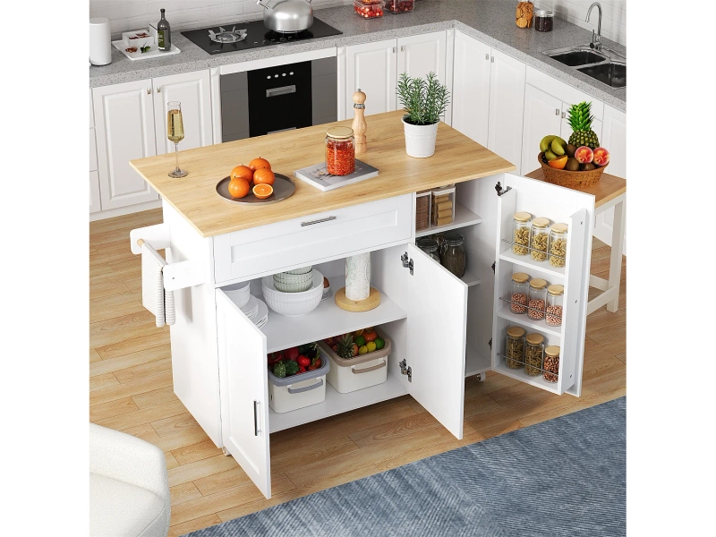 Îlot central mobile avec plan de travail pliable - 132.5 x 44 /70 x 90 cm - avec 3 portes + 1 tiroirs - MDF - blanc + naturel