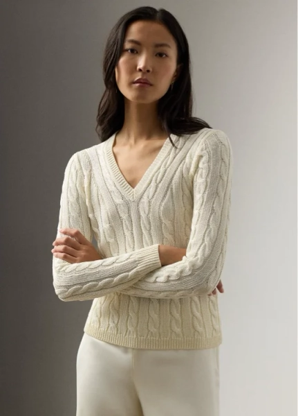 Cable-Knit Silk V-Neck Sweater