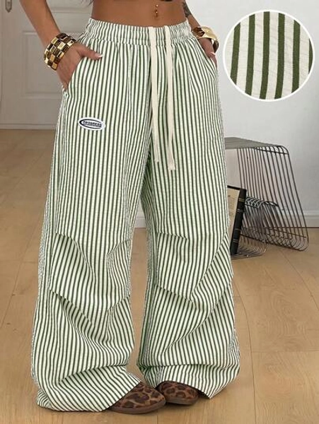 Coolane Summer Outfit For Women Streetwear Bar Casual Basic Vintage Daily Wear Green And White Wide Leg Sweatpants, And Pants