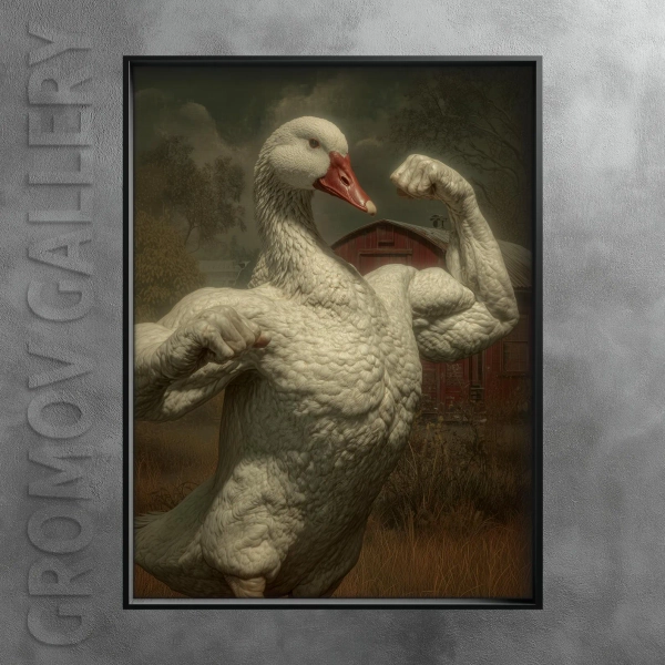 Mysterious Muscular Goose | Surreal Oddities Wall Art Decor | Dark Cryptid Vibe | Museum Quality Print | gg0180