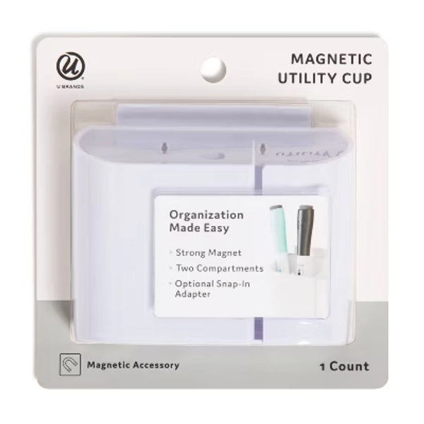 U Brands Utility Cup Magnetic Storage GRUV White: Magnetic Pen Holder for Whiteboard & Locker, Plastic Presentation Board Accessory