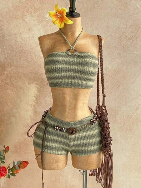 Soleia Women's Gray Summer Boho Beach Vacation Holiday Holiday 2pcs/Set Halter Striped Top & Super Short Shorts Knit Two Piece Set Knitted Bathing Suit - Size L