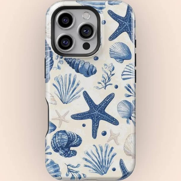 Watercolor Blue Nautical Coastal Beach Starfish and Seashells Phone Case for iPhone 17 16 15 14 13