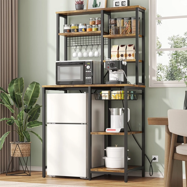 ModFurne Mini Fridge Stand with Storage, Microwave Storage Shelf with Power Outlet, Bakers Rack Stand for Dorm Kitchen Coffee Bar, Vintage Brown - Walmart.com