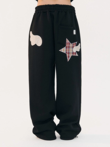 Angel Star Patch One-tuck String Wide Sweatpants [Black] (AP903)