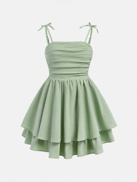 SHEIN Girlism Teen Girl Woven Solid Color Bubble Ruched Double Layered Hem Swing Cami Dress Holiday Outfits