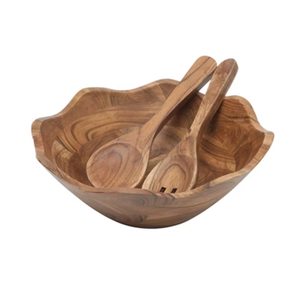 Gibson Home Sandhurst 3-Piece Wooden Salad Bowl Set -12-Inch Scalloped Bowl with Wooden Salad Servers