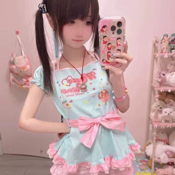Japanese Sweet Cute Daughter Clothing Summer New Short Sleeve Lace Up Y2k Top Tshirt Soft Girl Kawaii Lace Cake Graphic T Shirts - AliExpress 200000345