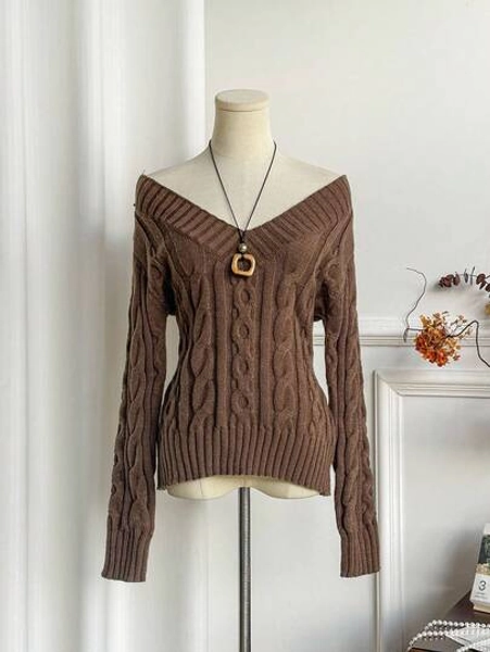 Sweetra Women's Minimalist & Sweet Brown V-Neck Cable Knit Long Sleeve Pullover Sweater, Autumn/Winter