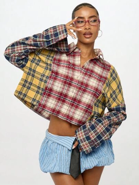 SUMWON WOMEN Plaid Multi Pattern Patchwork Oversized Cropped Button Down Shirt With Diamante Details Winter Grunge Preppy Y2K Style Long Sleeve Collared Top