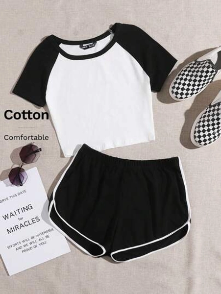SHEIN EZwear Raglan Sleeve Crop Top & Dolphin Shorts Set