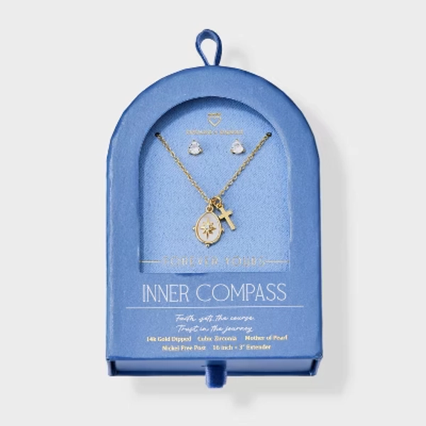 Beloved + Inspired 14K Gold Dipped Compass Cross Necklace and Earring Set 2pc - Gold/Ivory