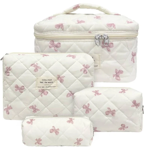 4 Piece Cute Pink Bow Quilted Makeup Bag Set