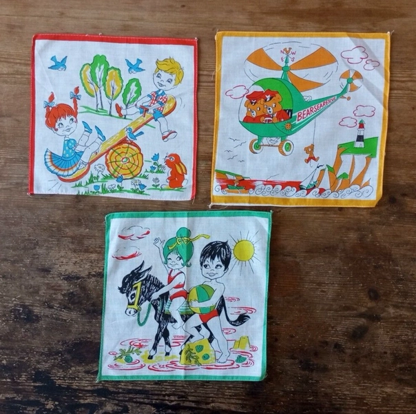 Set of Three Vintage Retro 1970s 80s Child's Children Kids Hanky Handkerchiefs