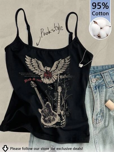 Tseoso Guitar & Eagle Pattern Soft & Comfortable Cotton Blend (95%) Sleeveless Tank Top, Fitted, Suitable For Spring & Summer, Retro Style Back To School