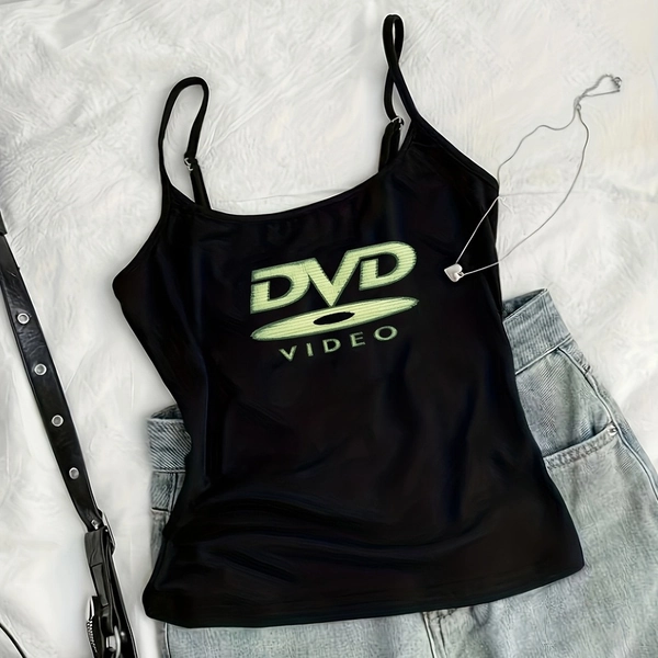 [Y2K Camisole Top] Y2K Vintage Spicy Adjustable Thin Strap Short Camisole Top - American-style Round Neck with DVD Logo and CD Pattern, New Summer Sleeveless Top for Women, Suitable for Casual Streetwear, Daily Wear, or Attending Parties