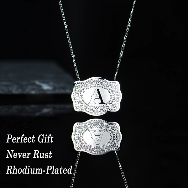 Rhodium-Plated Initial Belt Buckle Necklace - Western Style