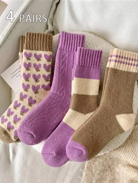 4 paia di calze di media lunghezza soffici da donna, viola