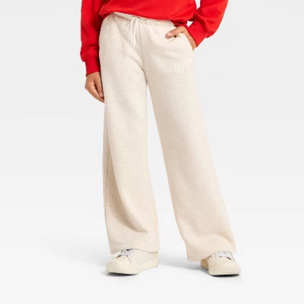 Girls' French Terry '97' Wide Leg Sweatpants - Cat & Jack™ Oatmeal L