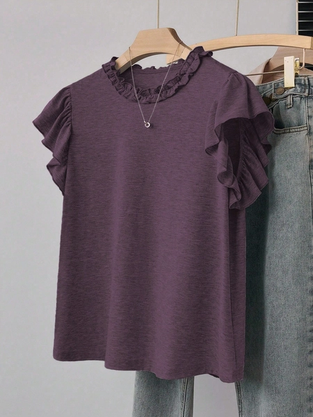 Franclia Women's Casual Loose Fit Gray T-Shirt With Ruffle Trim Crew Neck And Sleeves, Versatile For Commuting, Outing, School, Party, Family Activities, Spring/Summer Purple Bridgeton