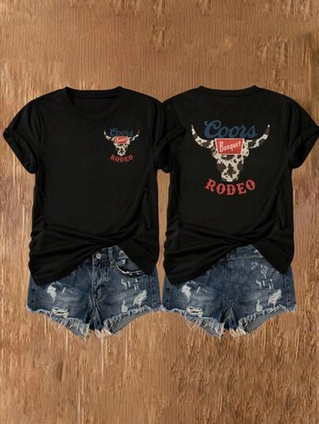 Women's Vintage Cowboy Skull Graphic Round Neck T-Shirt