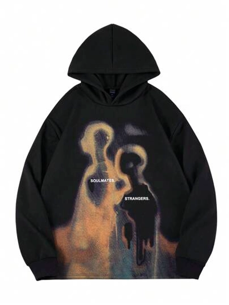 ROMWE MEN Street Life Men's Retro Street Silhouette Thermal Imaging Human Figure Print Hoodie