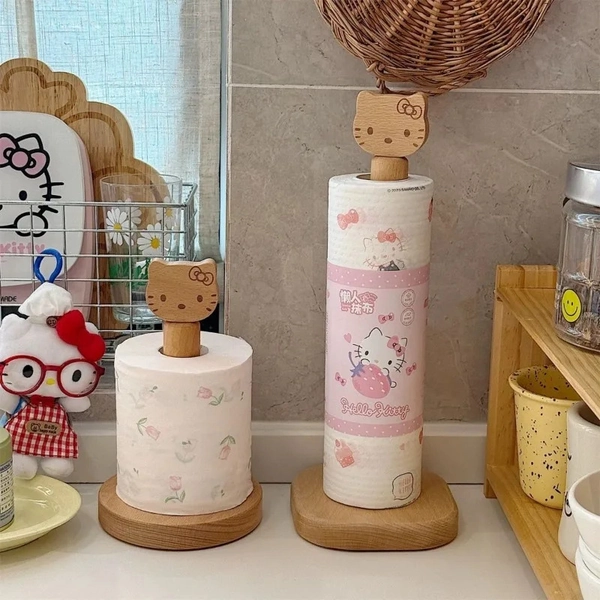 Sanrio Sanrio New Hello Kitty Kawaii Anime Solid Wood Paper Towel Holder Kitchen Lazy Rag Storage Rack Rolling Paper Clean And Hygienic