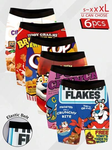 DOKER 6 Pieces Of Men's Novel Elongated Boxer Shorts With Personalized Printed Patterns, Soft And Skin Friendly, Quick Drying And Breathable, Elastic Fabric, Positioned Digital Printing, Men's Boxing Shorts, Fashionable And Casual, Suitable For Sports, Home Cycling, Etc