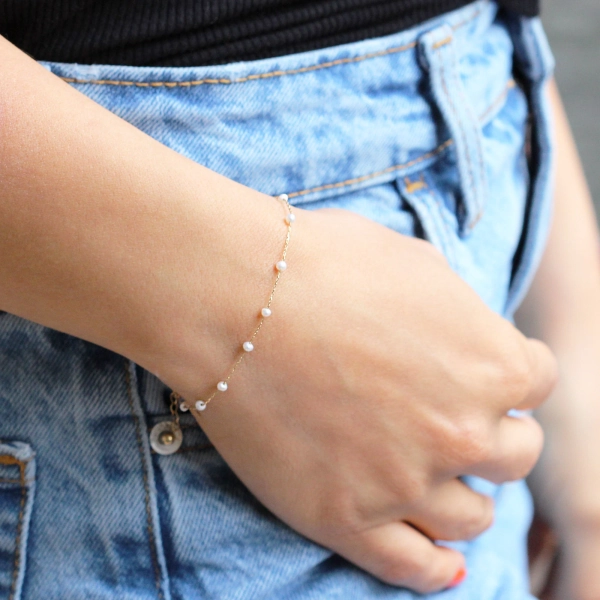 14k Solid Gold Pearl Bracelet, Dainty Row Bracelet, Anniversary Gift