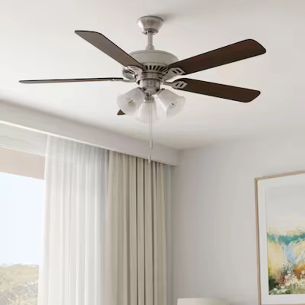 Harbor Breeze Weyford 52-in Brushed Nickel with Matte Blades LED Downrod or Flush Mount Ceiling Fan With Light and Pull Chain Included 5 -Blade in the Ceiling Fans department at Lowes.com