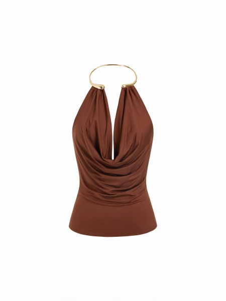 Woven Cowl Neck Metal Detail Ruched Top For Date Party/Clubbing