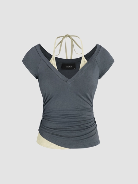 Halter Neckline Patchy Short Sleeve Top