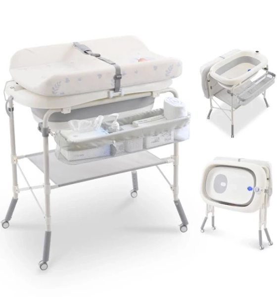2-in-1 Baby Bathtub With Changing Table, Foldable Diaper Changing Station With 4 Wheels, Waterproof Pad, Storage Rack And Baby Bath Tub, Adjustable