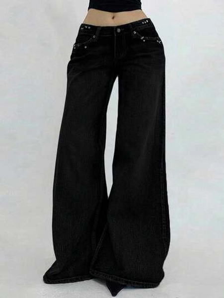 DAZY Women's Fashion Washed Low Waist Wide Leg Jeans
