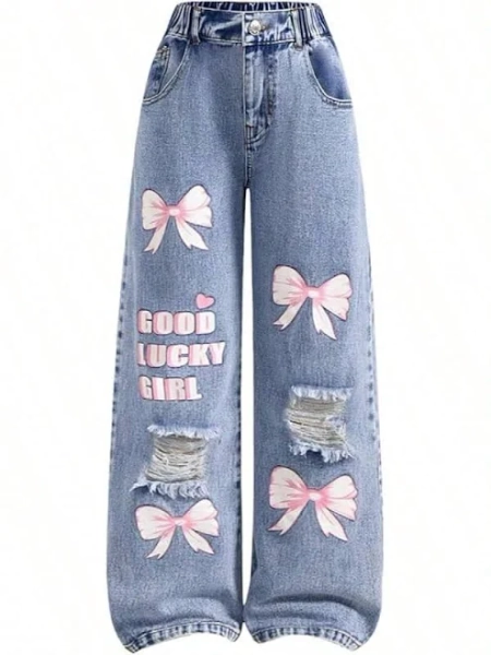 New Style Pants,Girl's Y2k Bow Print Baggy Jeans Wide Leg High Waisted Denim Pants,12 Years