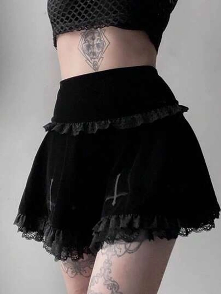 Women Cross Embroidery Y2k High Waist Mini Skirts Punk Grunge Lace Trim Lace Trim Velvet Skirts Gothic Goth Punk Emo Skirta Daily Casual Party Club Streetwear