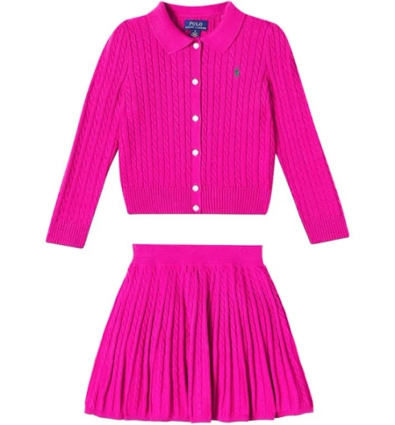 Polo Ralph Lauren Kids, Cable-knit cotton cardigan and skirt set, Kids, Pink, Y 7, Girls' outfits
