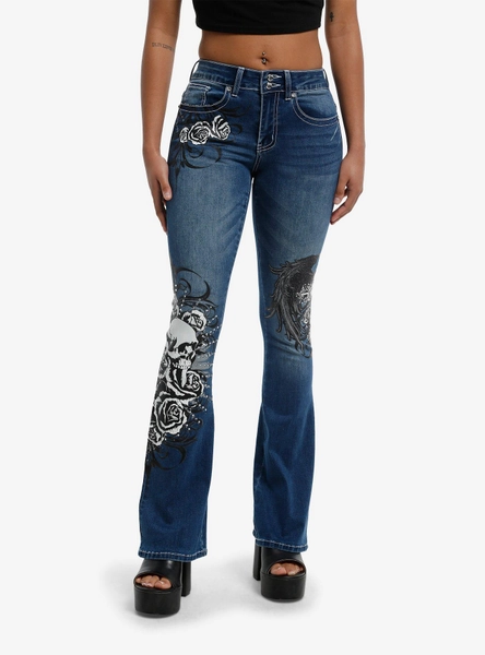 Social Collision Skull Rose Rhinestone Flare Denim Pants