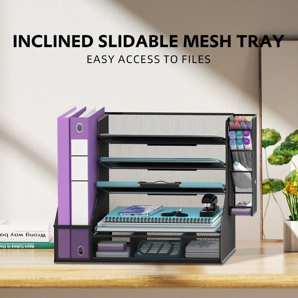 JMHUD Mesh Desk/5-Tier Paper Letter Tray with File Holder/Pen Holder/Sliding Drawer/Desktop Organizer/Storage for Desk Additions Office Supplies