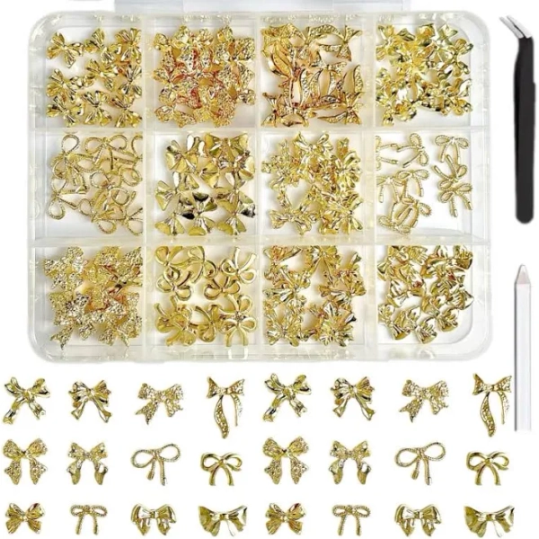 120pcs Gold Bow Nail Charms, 3d Metal Alloy Bowknot Nail Art Golden