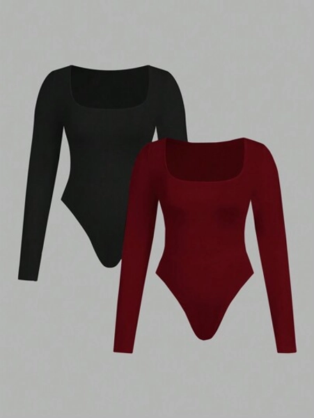 SHEIN Essnce Plus Size Women's Fashionable Casual Commuting Business Casual Young Business Professional Inner Wear 2 Pieces, Black, Burgundy, Anchor Red Multi-Piece Tight Bodycon Square Neck Long-Sleeved Bodysuit
